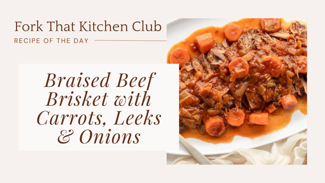 Sliced braised beef brisket on a white plate with carrots, leeks, and onions in rich brown sauce, garnished with fresh thyme sprigs.