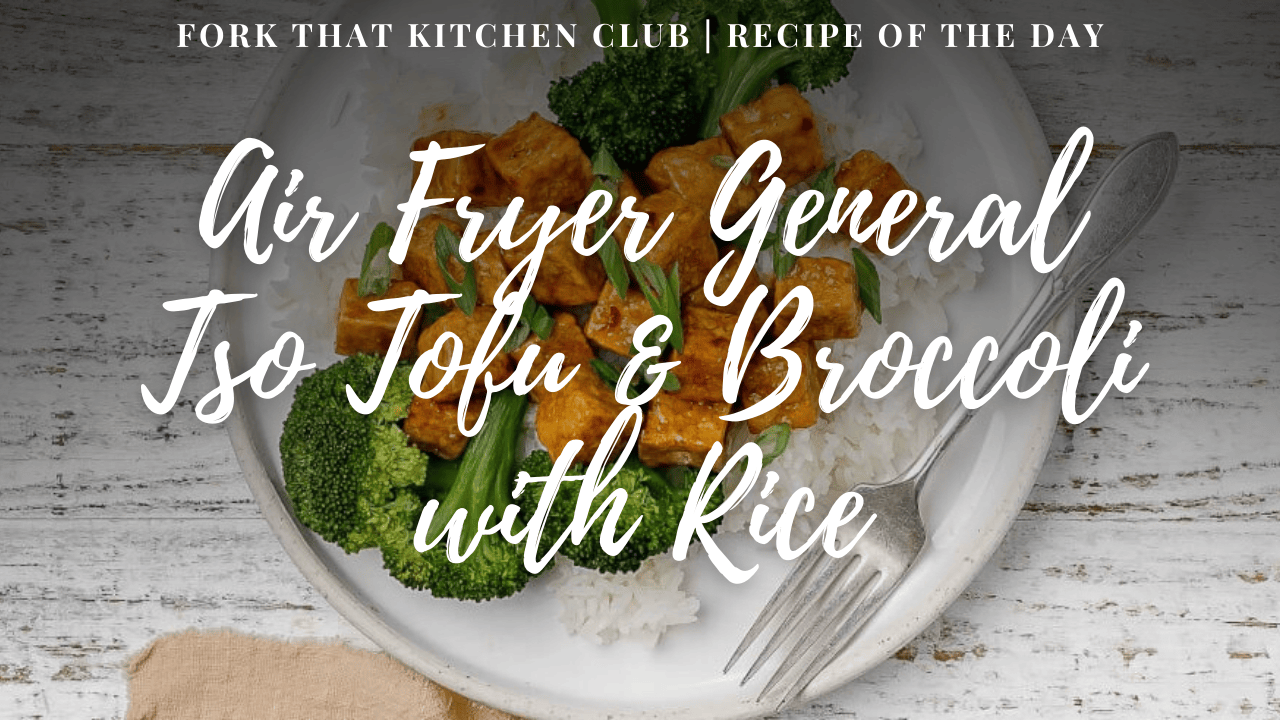 White plate with crispy General Tso tofu, steamed broccoli, and jasmine rice on light gray surface, silver fork resting on the side of the plate and a beige napkin nearby