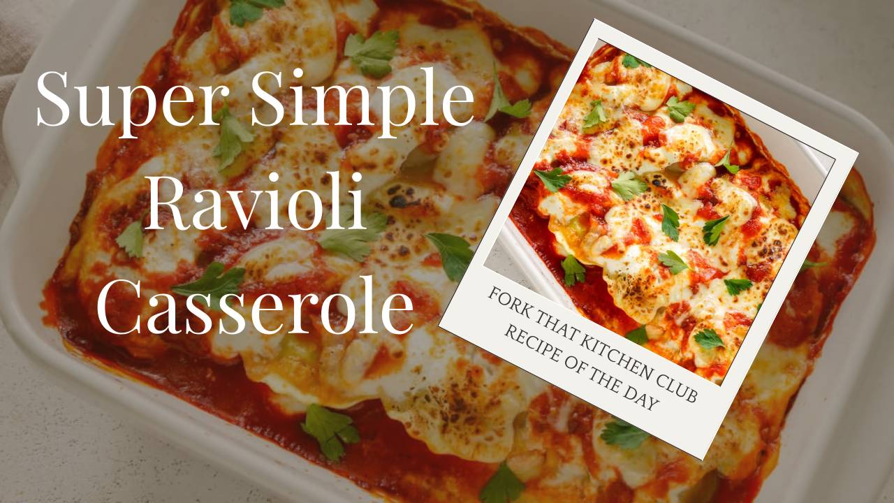 Ravioli casserole in rectangular baking dish with golden melted mozzarella and fresh parsley garnish on white surface