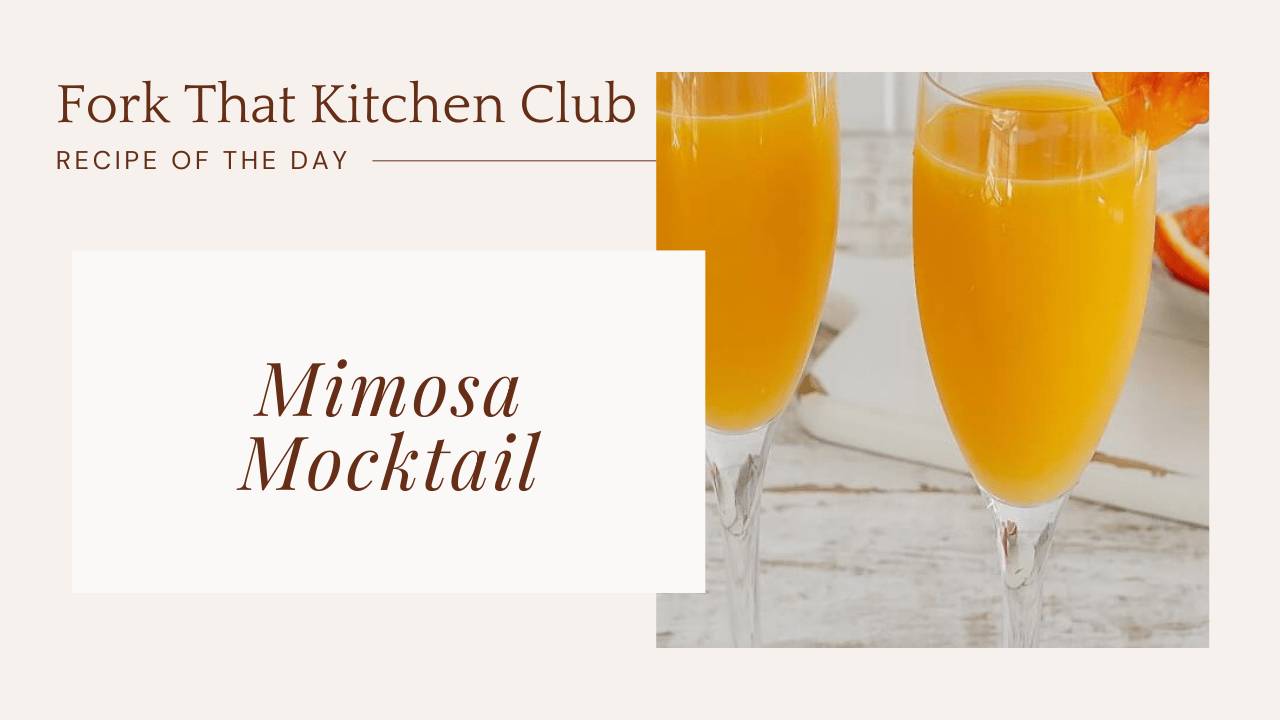 Two champagne flutes filled with golden orange mimosa mocktail garnished with orange wedges