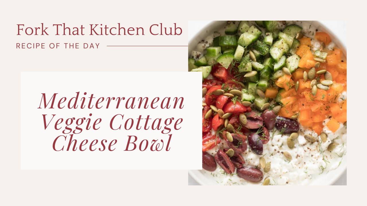 Bowl of cottage cheese with cherry tomatoes, cucumber, orange bell pepper, olives, and fresh dill and pumpkin seeds scattered on top