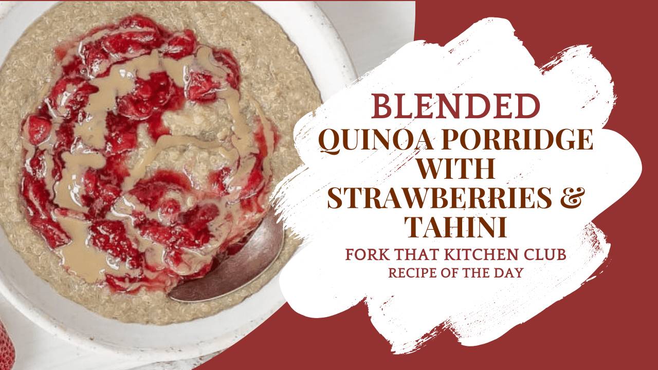 Bowl of quinoa porridge with jammy strawberries and tahini drizzle on top, served in a white bowl