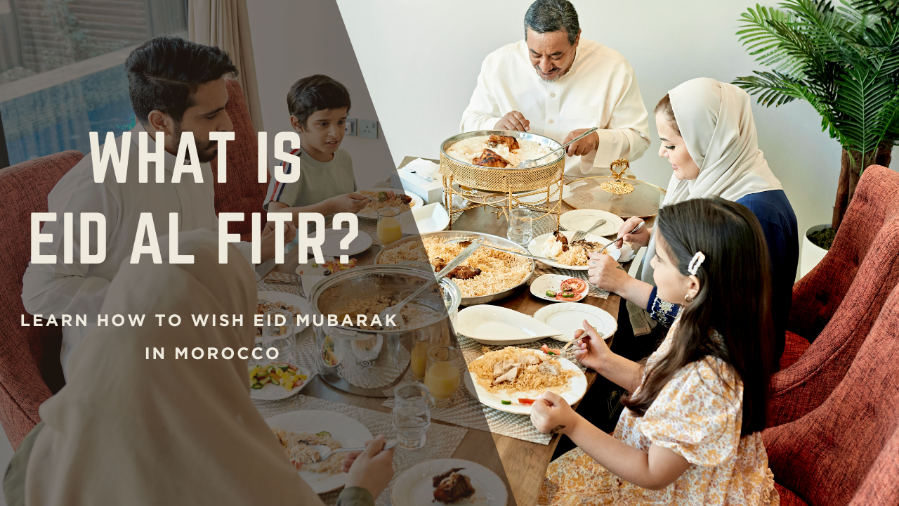 Moroccan family celebrating Eid al-Fitr with traditional food and greetings