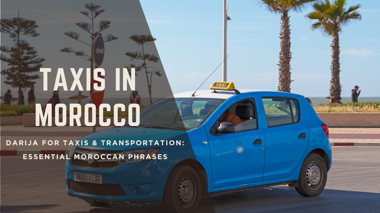 Moroccan taxi driving through Marrakech streets with a sunset backdrop