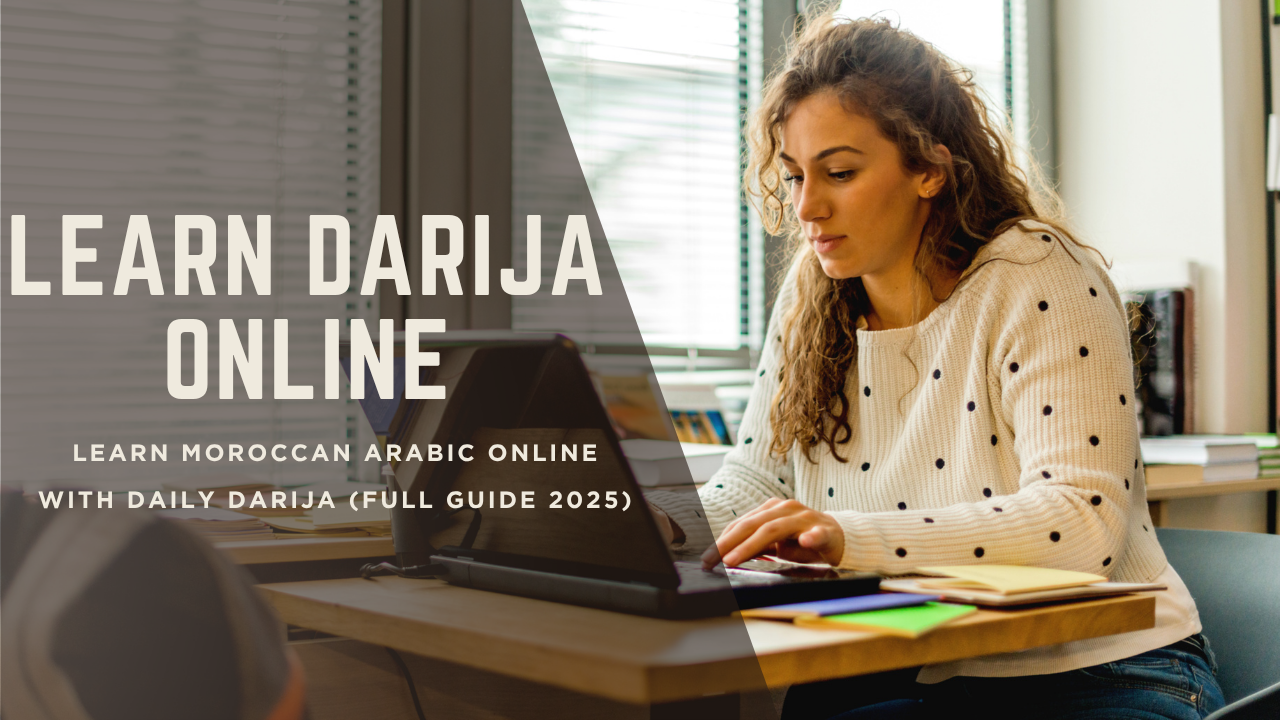 Student learning Darija online with Moroccan tea and laptop on table