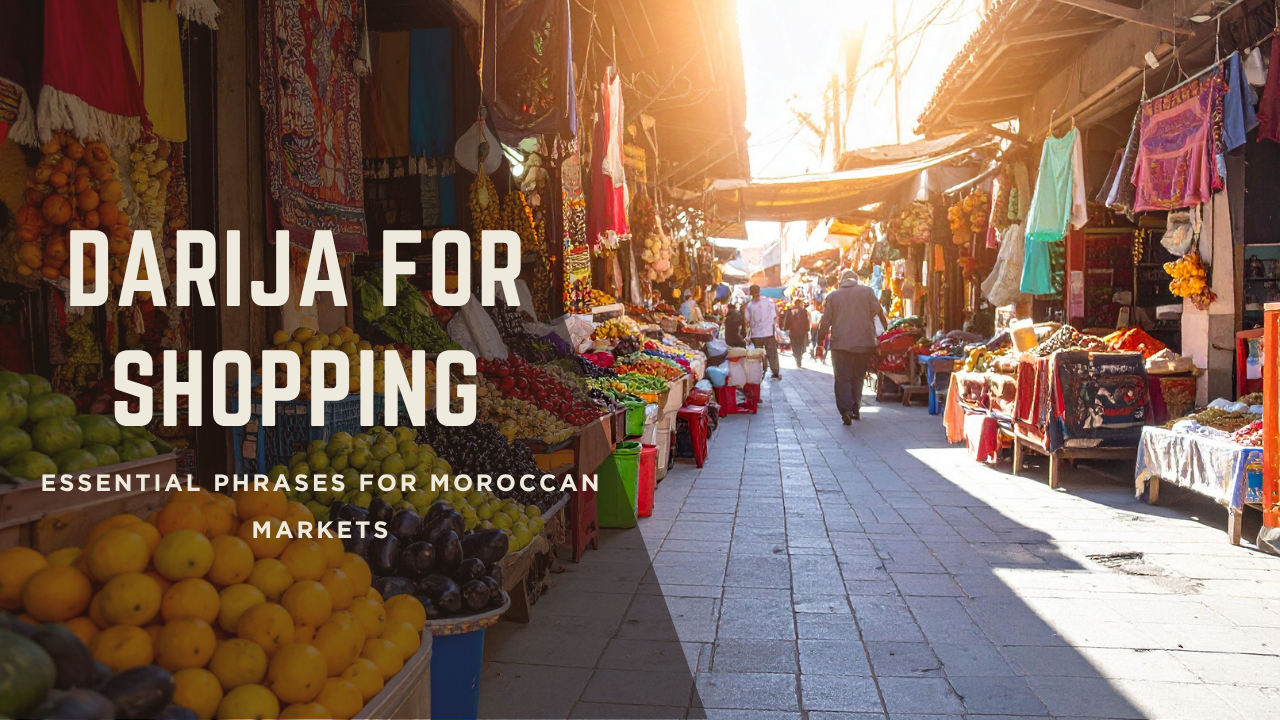 Moroccan market scene with colorful spices, vendors, and Arabic signs