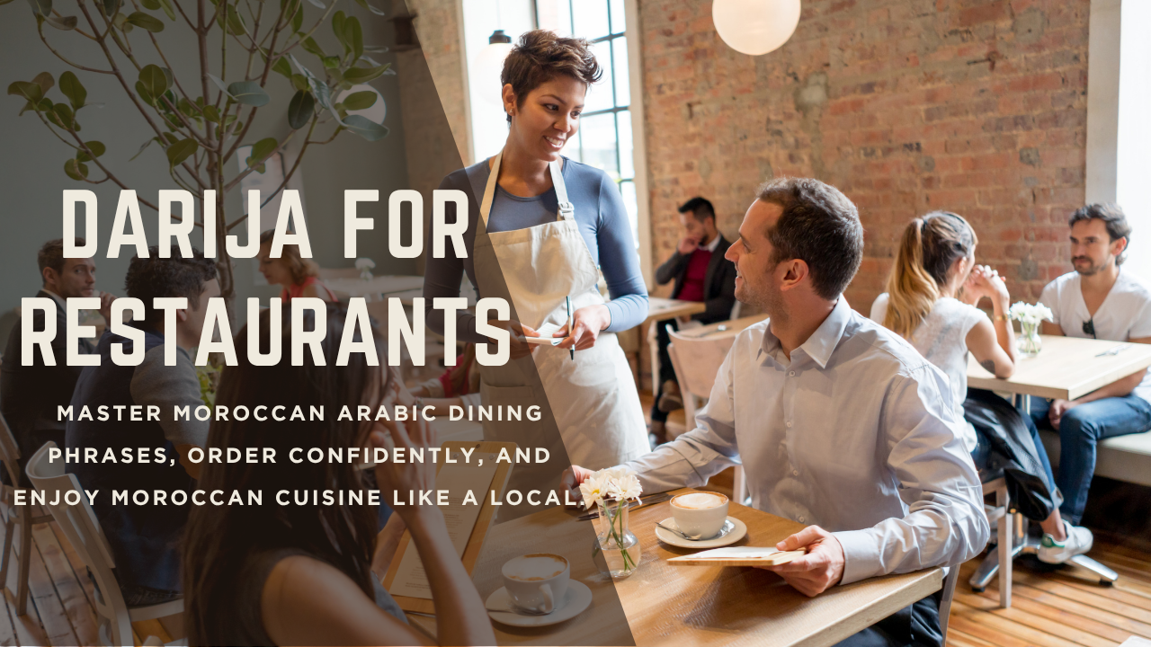 Moroccan restaurant scene with traditional dishes and Arabic menu