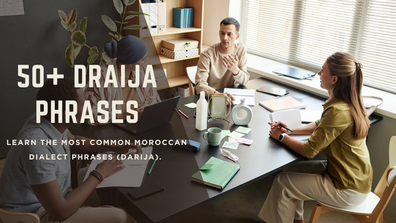 Moroccan Arabic phrases notebook with tea and Moroccan flag background