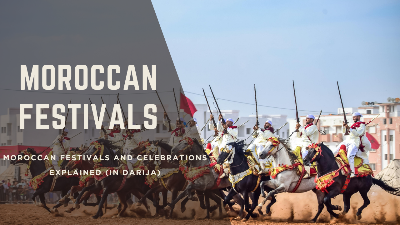 Moroccan people celebrating with flags, music, and traditional clothes during a festival