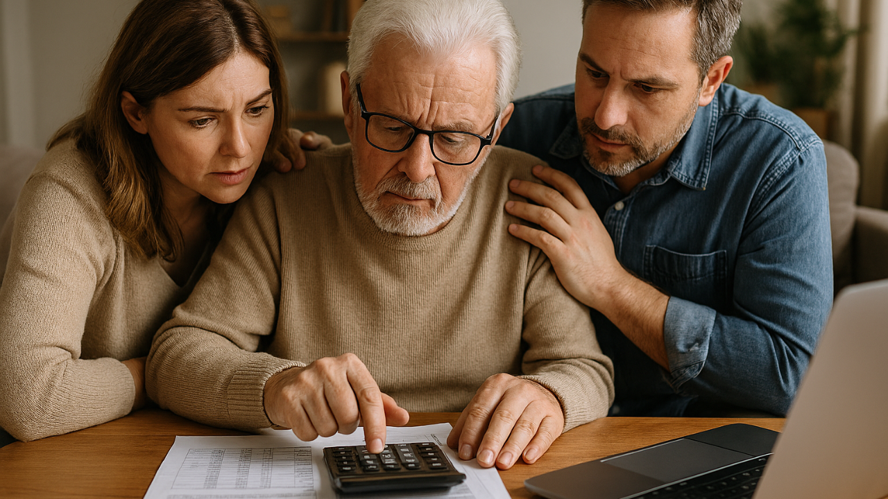 Adulto mayor calculando su pensión con apoyo de su familia