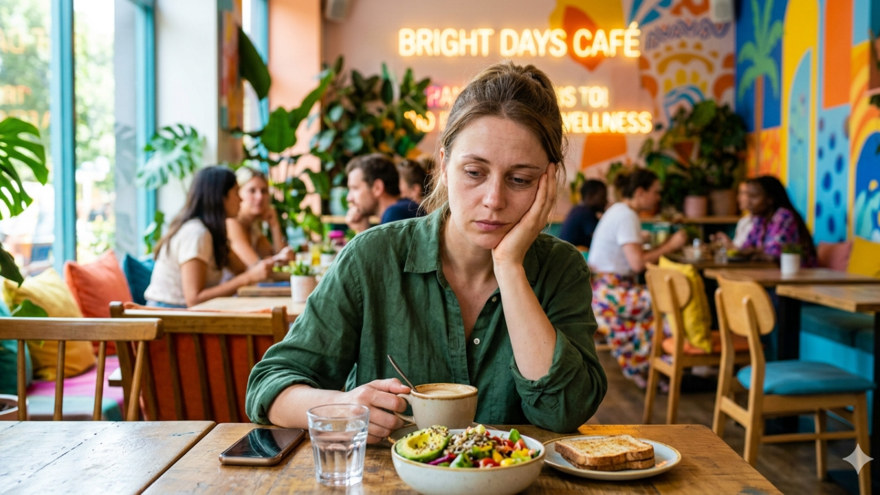 Exhausted Woman In A Cafe