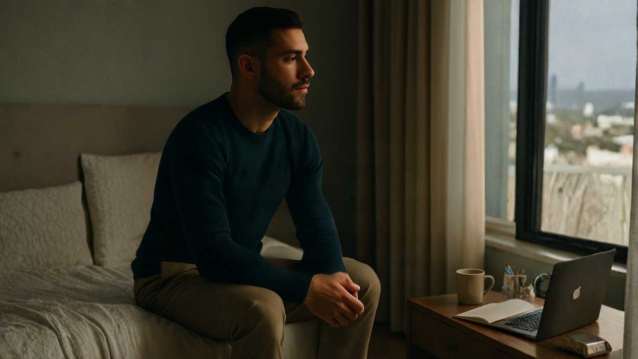 A reflective gay man bathed in morning light, sitting quietly in a minimalist room with soft tones; overlaid text reads “Why Your Heart Needs Different Medicine Than Your Mind – luisilva.com.”