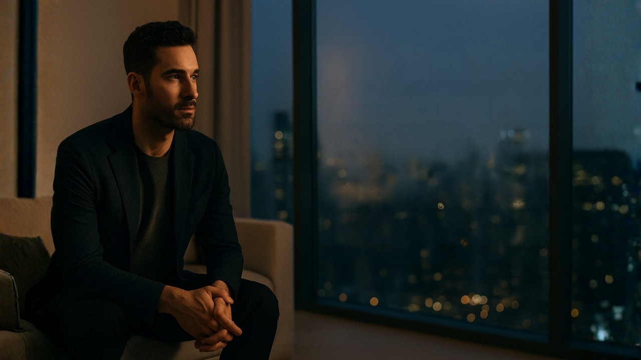 A reflective gay man in a modern apartment at dusk, city lights behind him. On-image text reads “Why You Keep Attracting the Same Type of Unavailable Men – The hidden achiever’s paradox—and how to finally break the pattern.” luisilva.com.