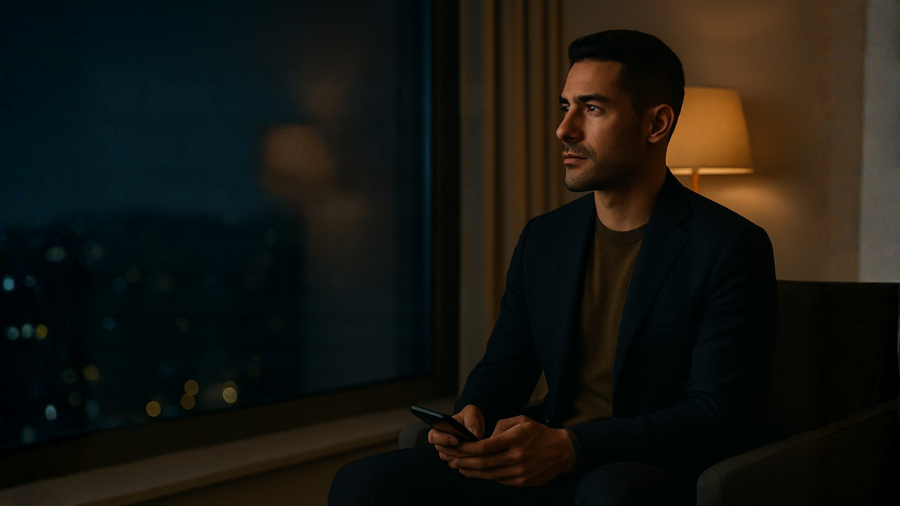 A reflective gay man in a softly lit apartment at dusk, holding his phone, city lights behind him; text reads “What Nobody Tells You About Dating After a Devastating Breakup – luisilva.com.”