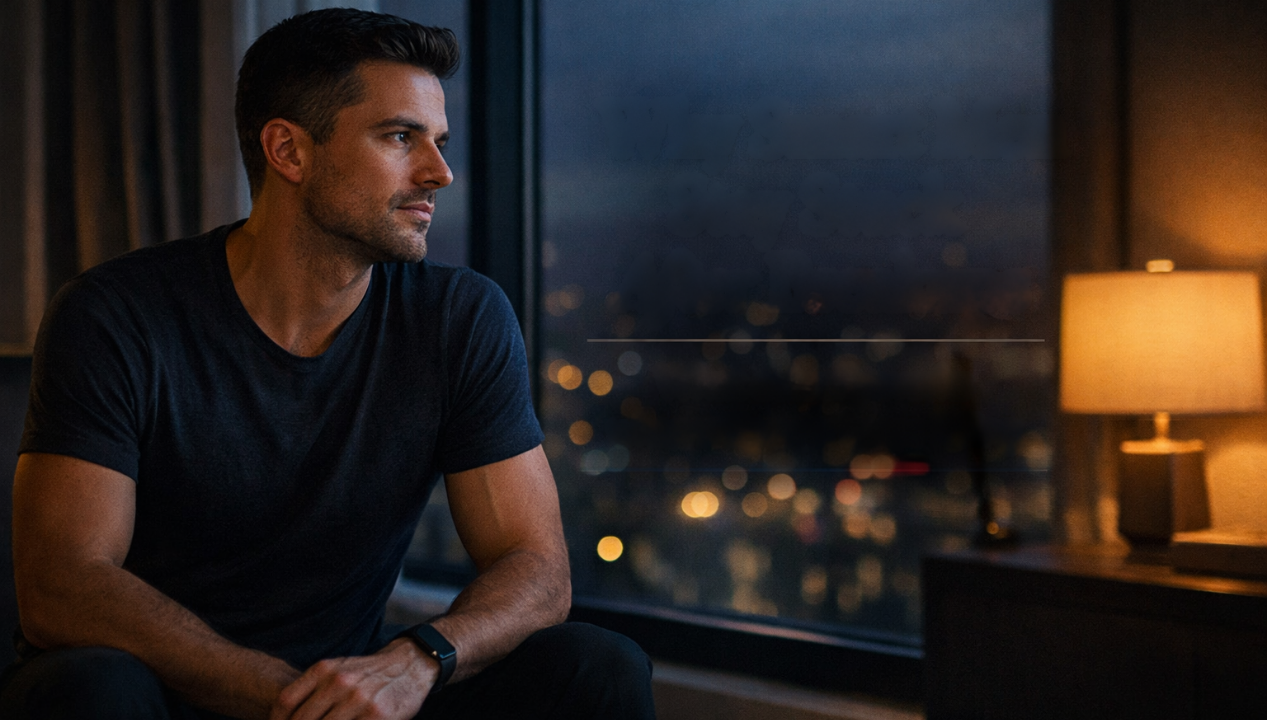 A reflective gay man in a modern apartment at dusk, city lights behind him. On-image text reads “Why Smart Men Stay Stuck After Breakups” with subheading and luisilva.com.