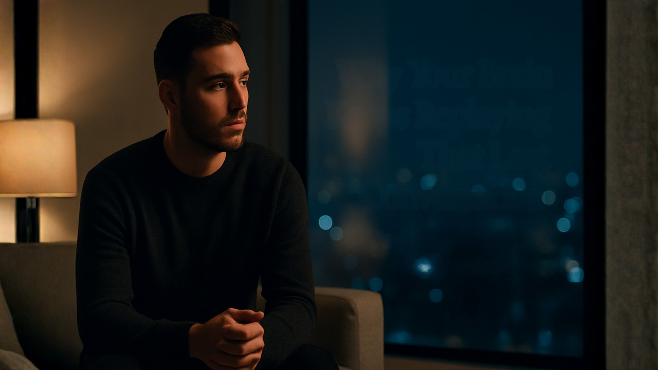 A reflective gay man in a modern apartment at night, city lights blurred behind him, with on-image text reading “Why Your Brain Keeps Replaying That Last Conversation” and “And the quiet shift that finally ends the loop,” plus luisilva.com at the bottom.