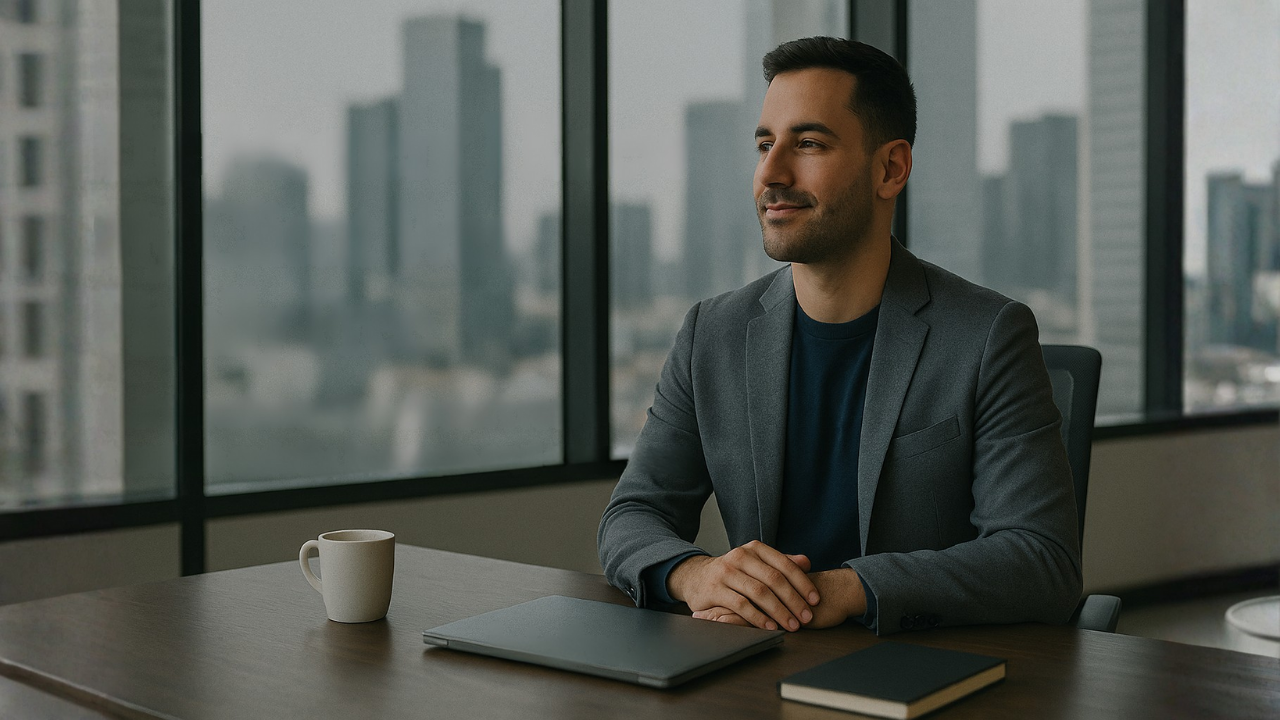 A calm gay man in a softly lit café, serene and reflective, symbolizing emotional freedom; text “The Moment I Knew My Client Was Finally Free” and “luisilva.com” visible.