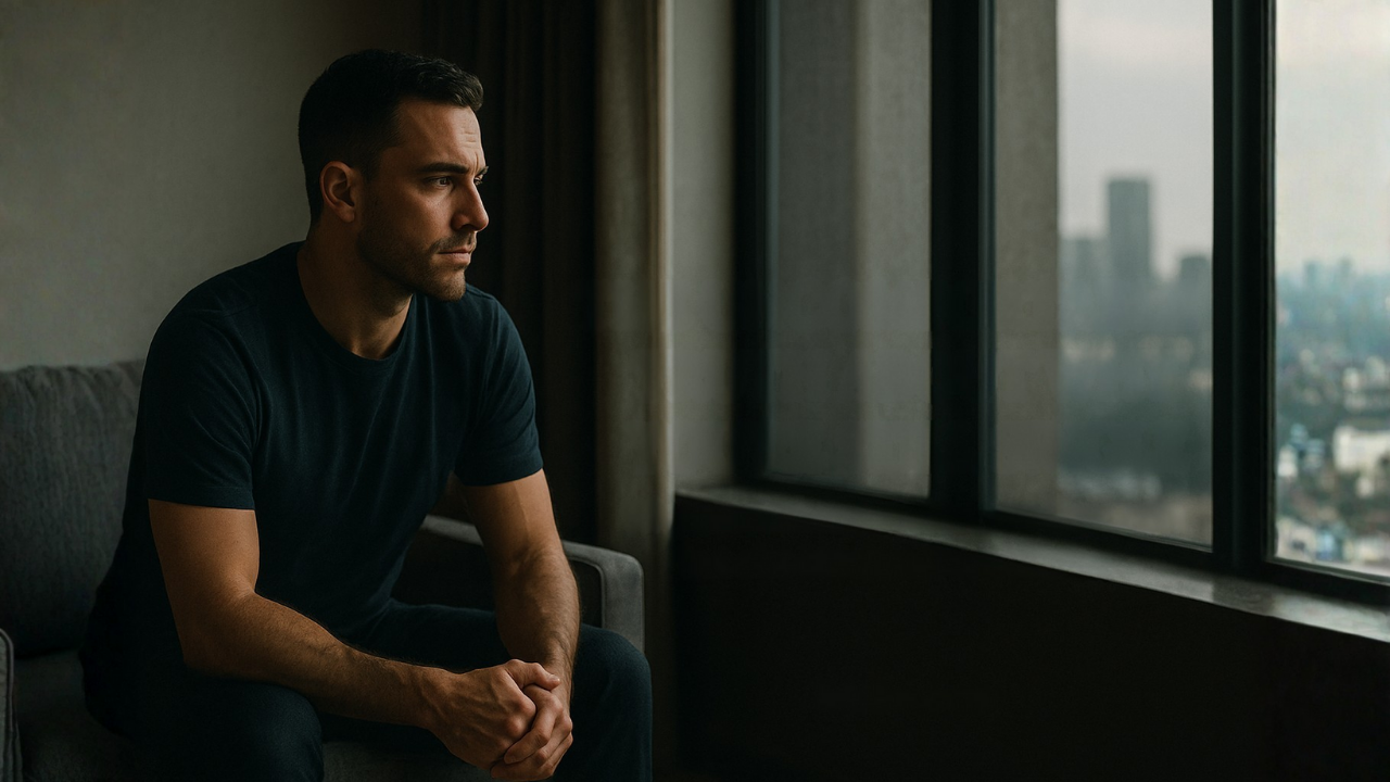A reflective gay man sitting in a minimalist apartment with soft window light, city blur in the back-ground, and on-image text titled The Uncomfortable Truth About Why You're Still Single.