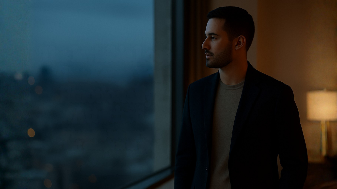 A reflective gay man stands by a window in a minimalist apartment at dusk; the on-image text reads “The Invisible Loop That Keeps You Emotionally Attached” with luisilva.com at the bottom.