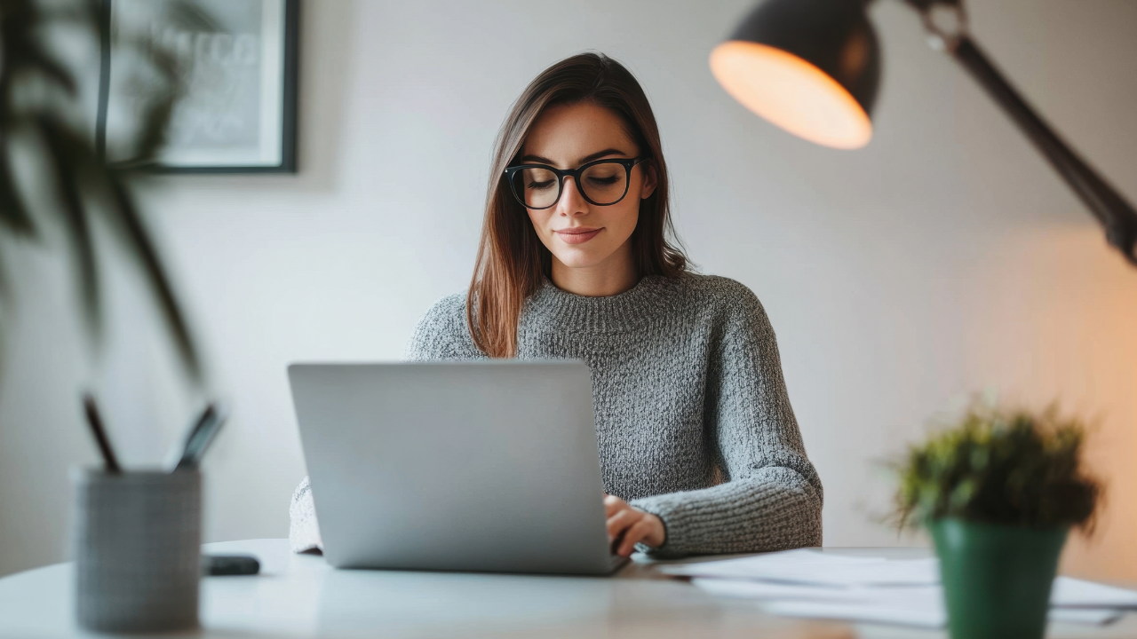 Woman wearing glasses and a gray sweater working on a laptop at a desk with soft, warm lighting