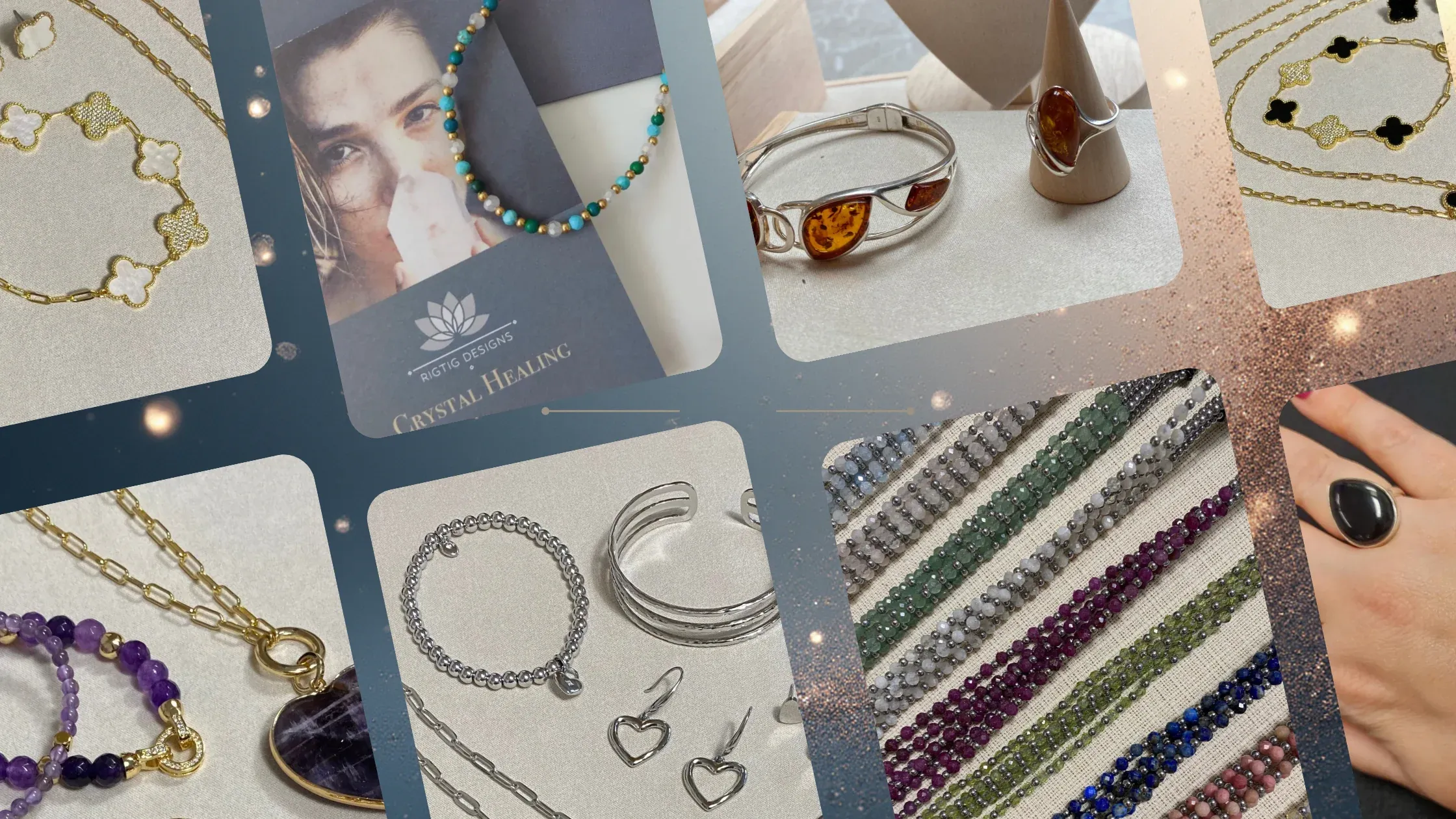 A collage of curated jewellery pieces—gold clover chains, gemstone bead necklaces, silver bangles, amber rings, heart earrings, and multi-coloured beaded strands—showcasing Louise’s Jewellery Box collection.