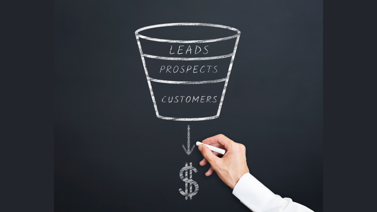 Chalk-drawn sales funnel labeled leads, prospects, and customers with a dollar sign below