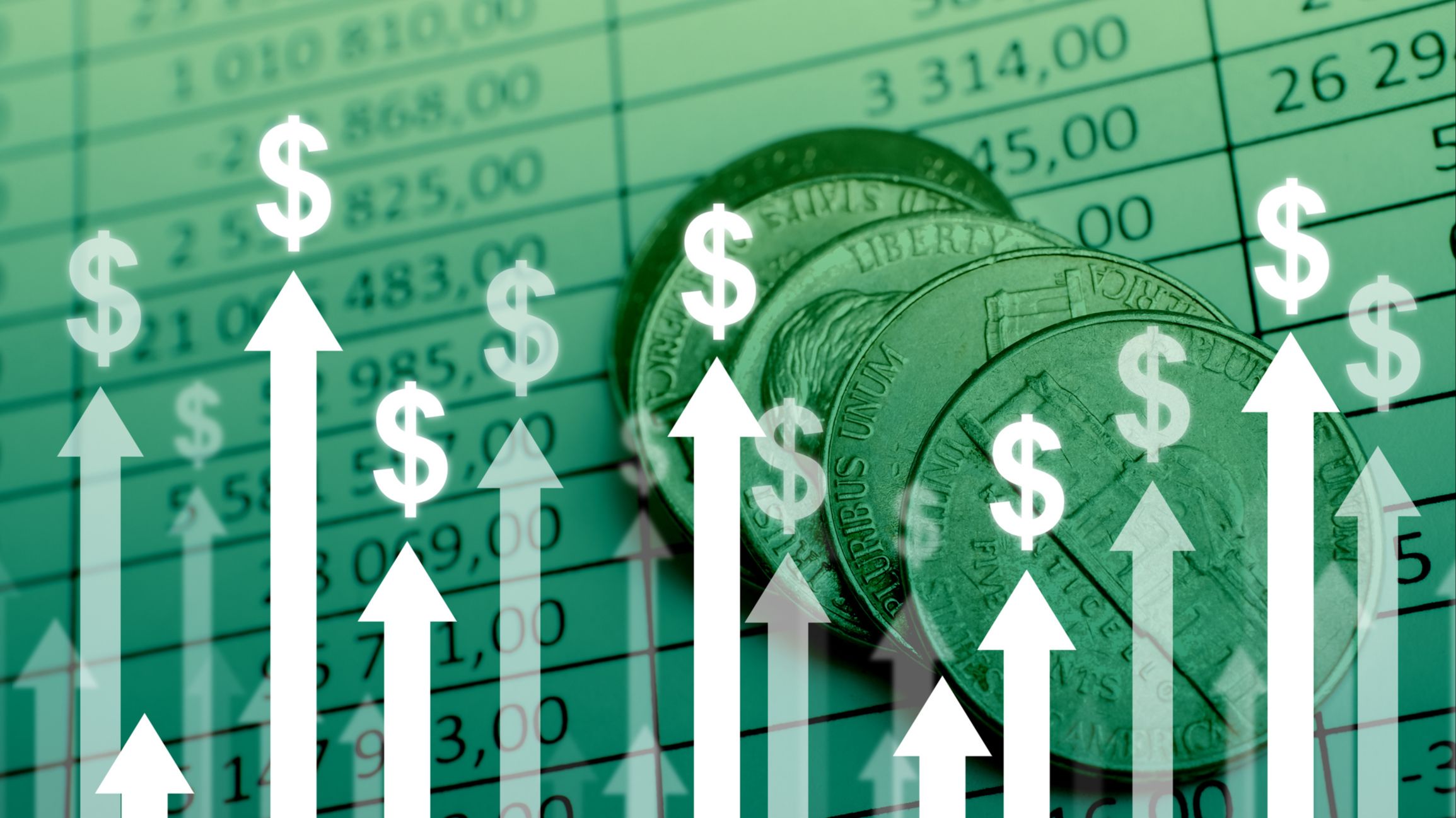 Illustration of rising dollar signs and upward arrows symbolizing increased profits and financial growth.
