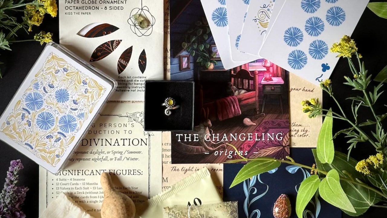 Mystical items on a table with flowers