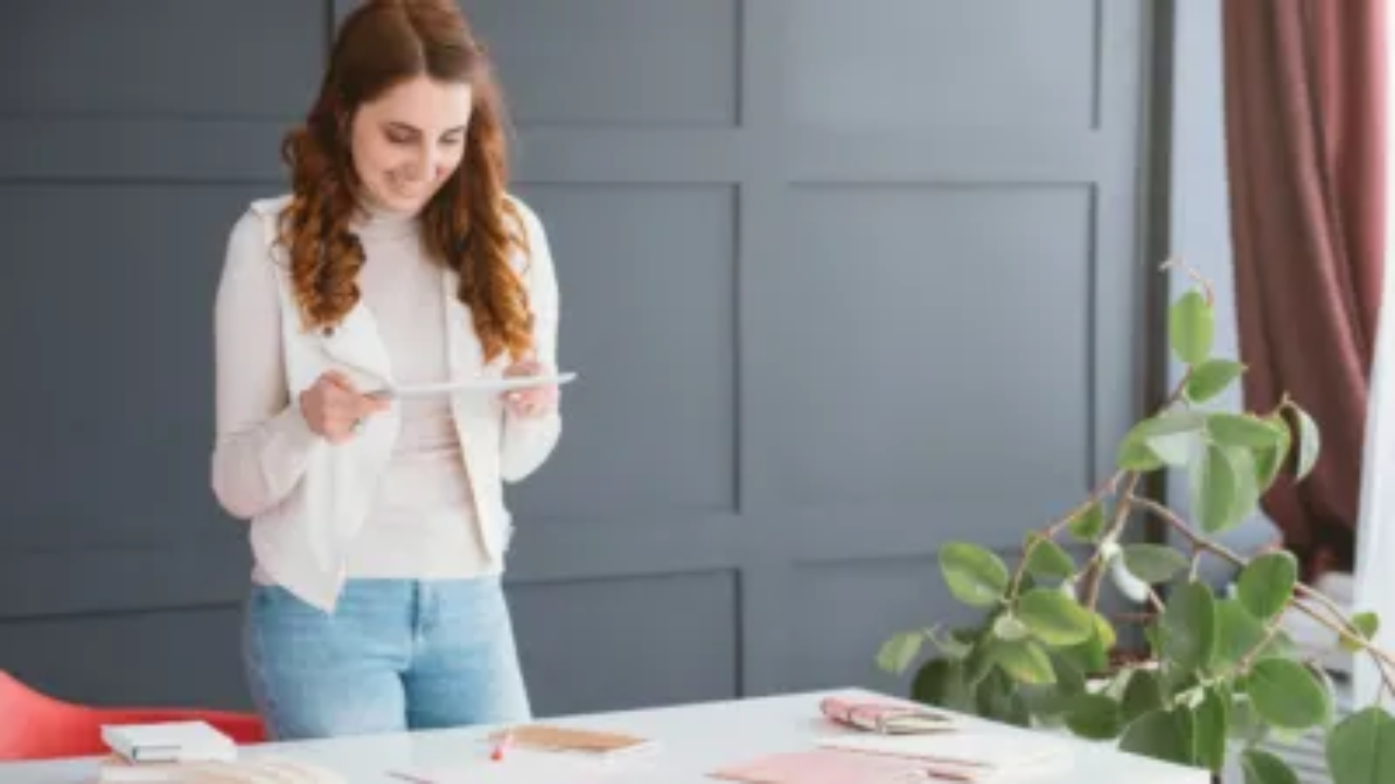Woman standing at a desk and smiling while looking at a tablet, with notebooks and office supplies spread out in front of her