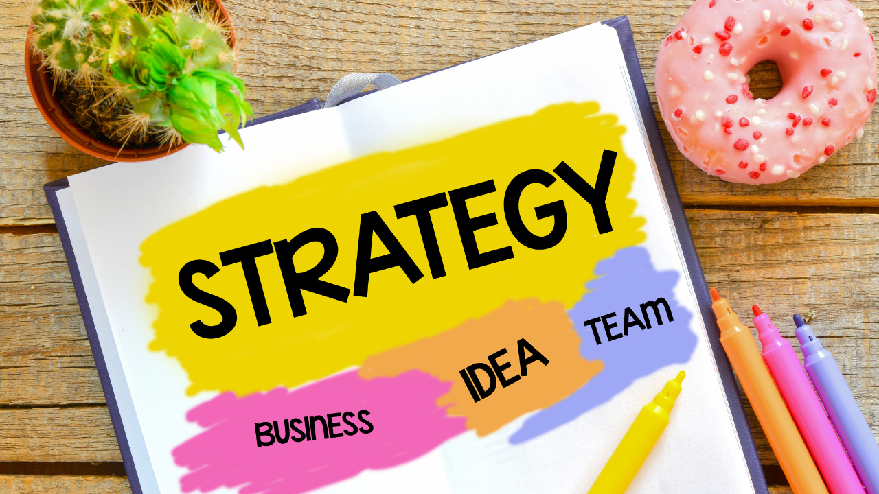 Book with strategy, idea, team written on it