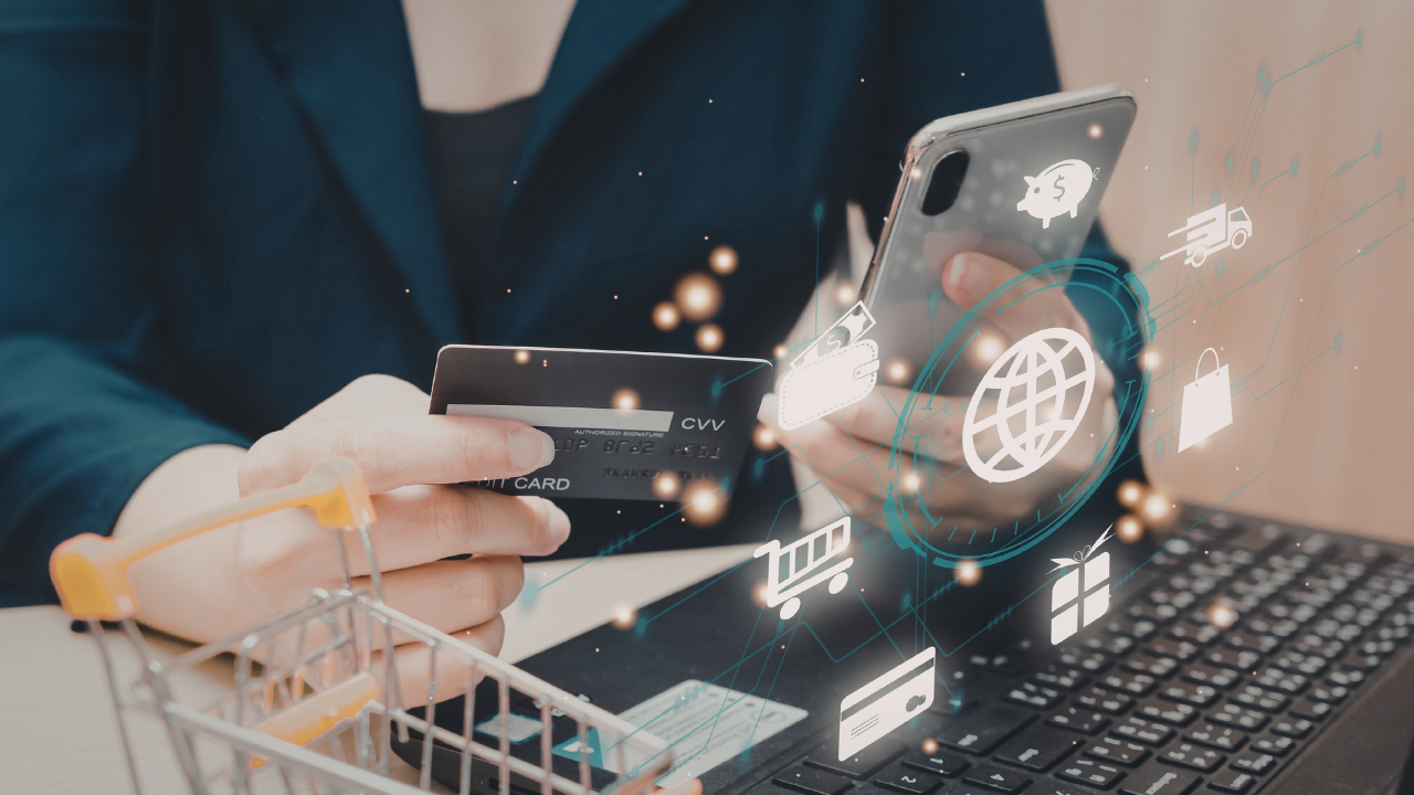 Someone purchasing with a credit card on their phone