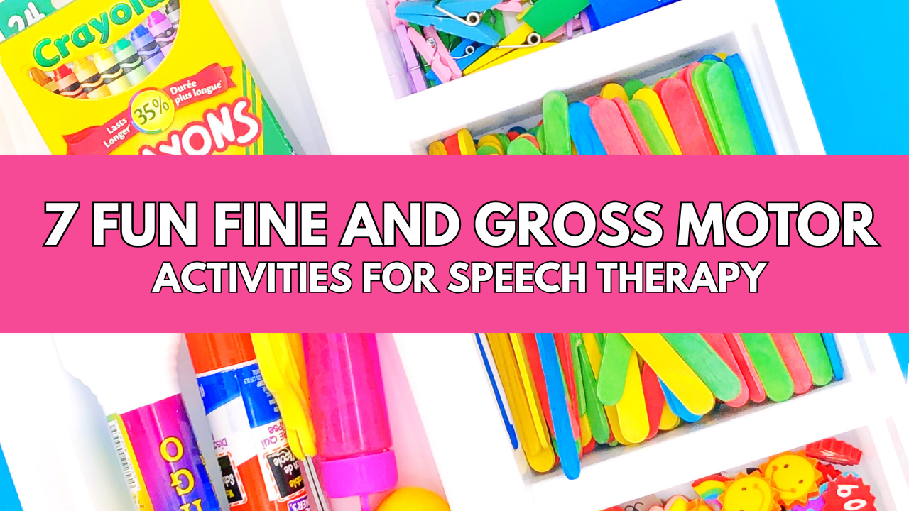 Colorful fine motor materials like crayons, glue sticks, clothespins, and popsicle sticks organized in bins — representing fun fine and gross motor activities for speech therapy.