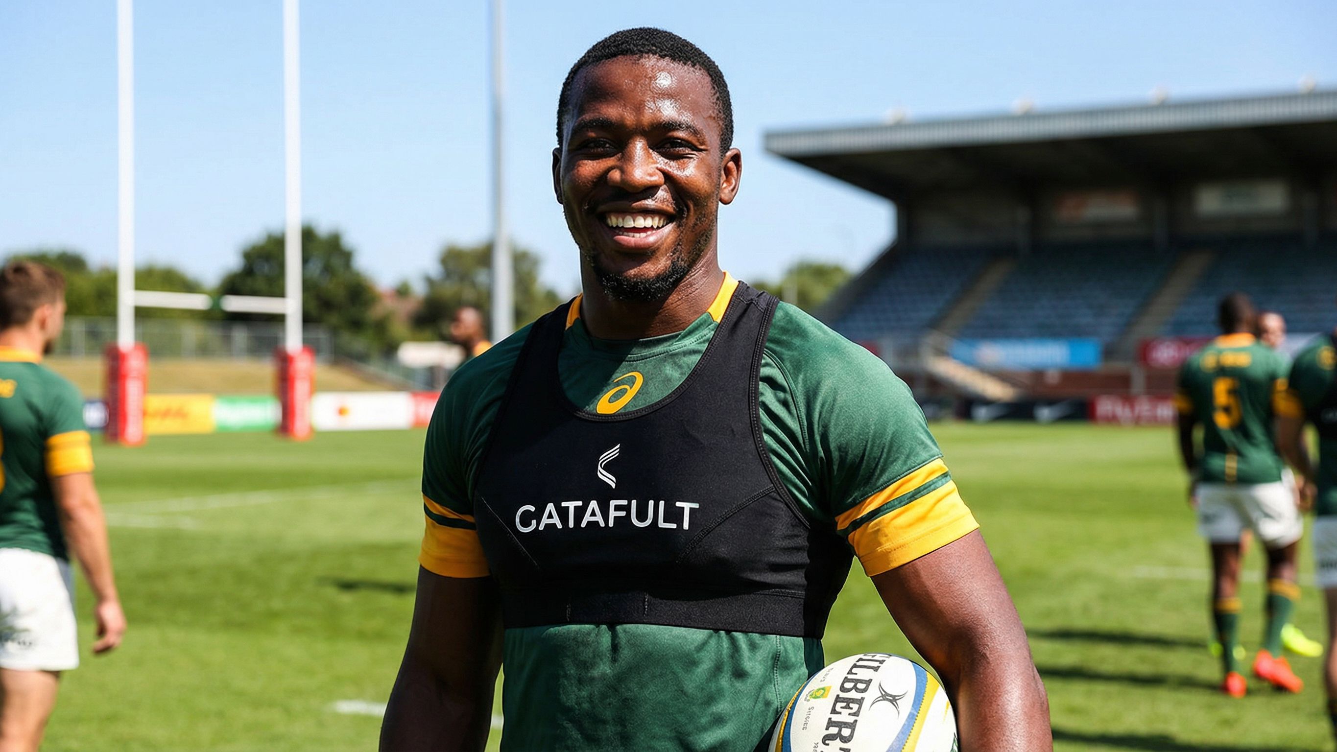 A sports performance analyst stands at the edge of an athletics track during a sprint race, holding a tablet displaying performance analytics, including bar graphs, line charts, and a colourful heatmap. Two sprinters in motion are blurred in the background, highlighting the focus on data-driven athlete performance improvement.