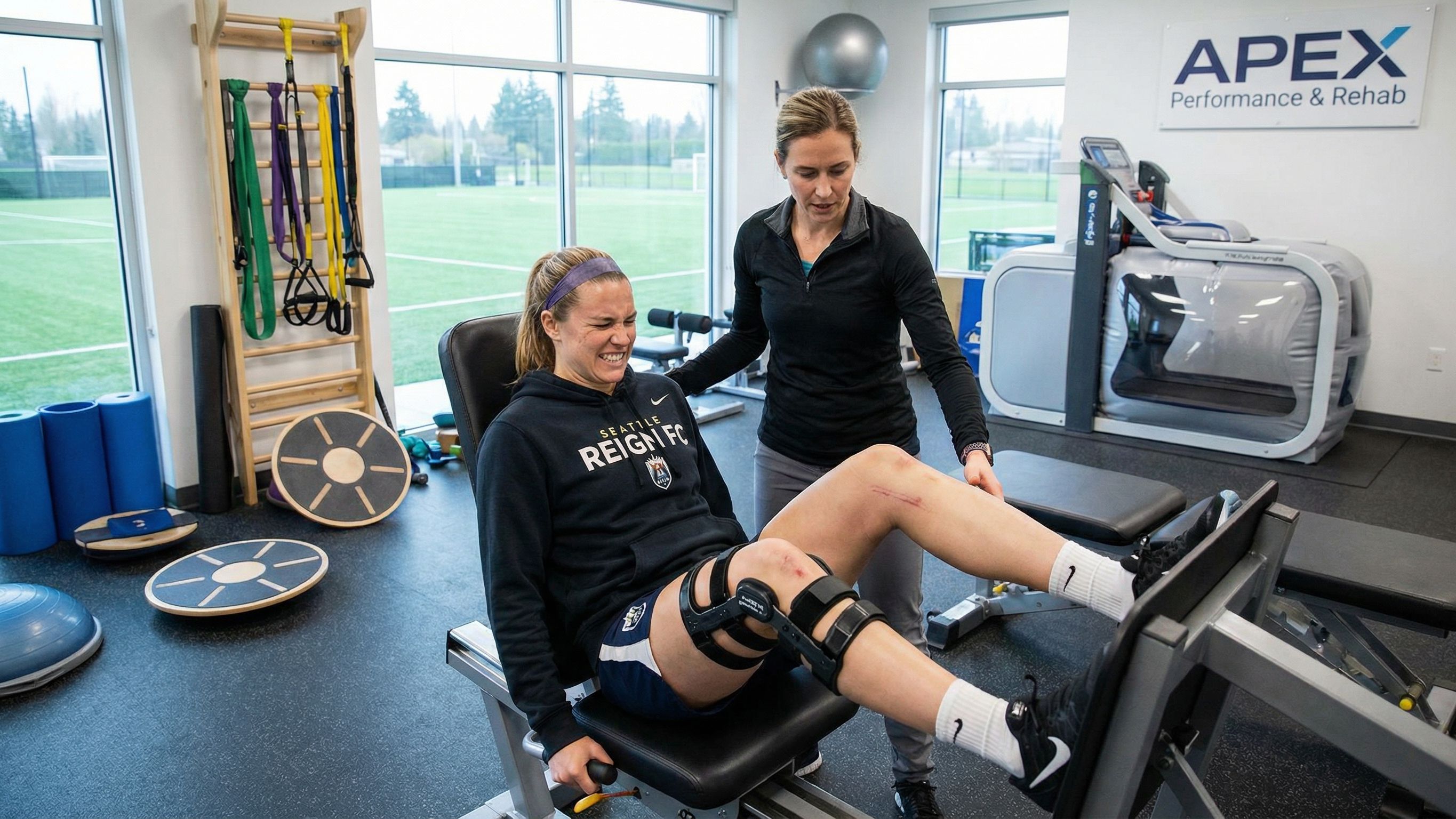 A female athlete recovering from knee surgery performs a resistance band exercise while wearing a supportive knee brace, guided by a physiotherapist in a bright, modern clinic.