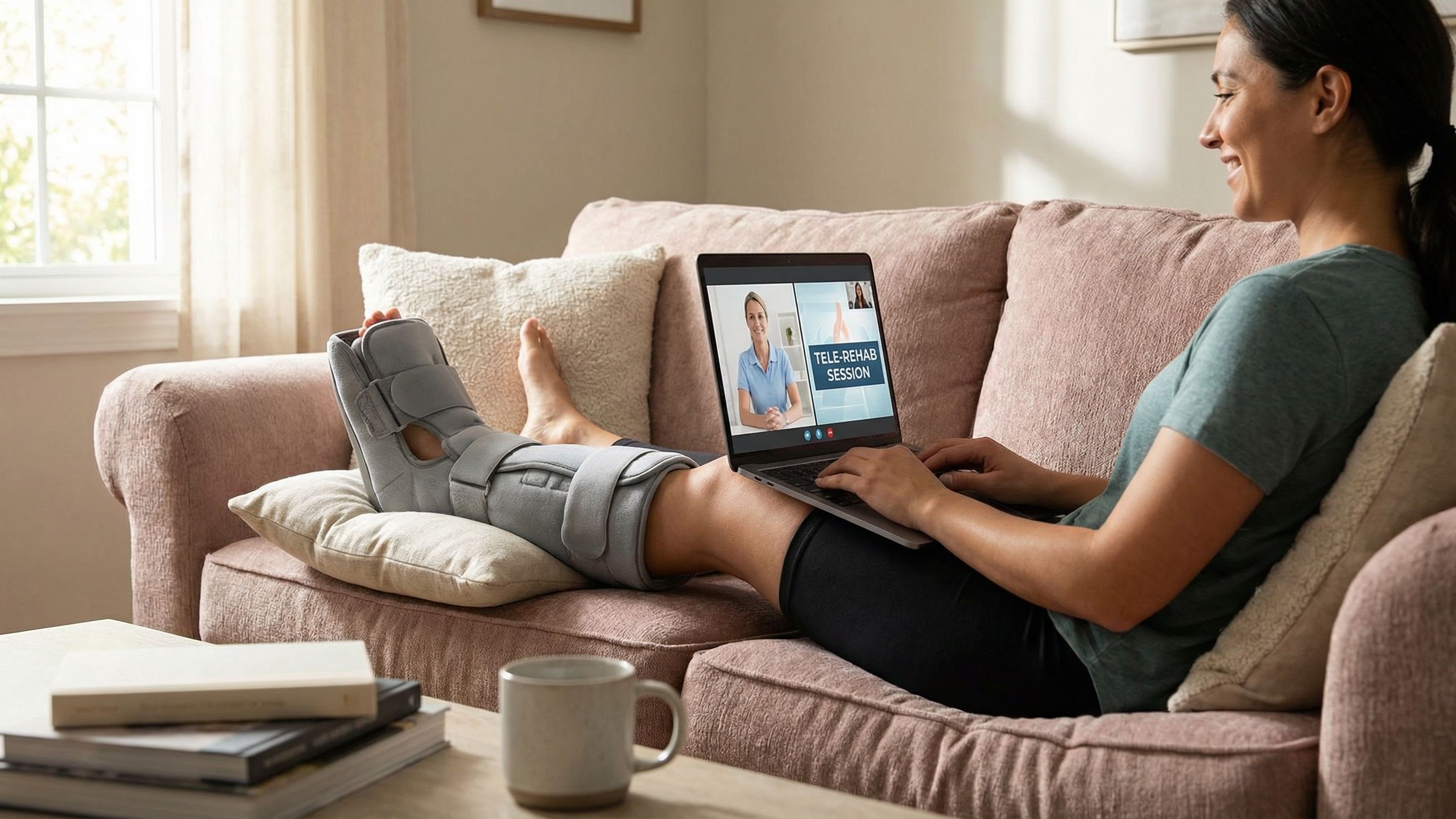a woman in a leg brace and crutch on a laptop in her living room