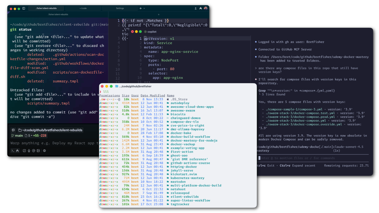 Warp, Ghostty, and iTerm2 terminals showing Neovim, exa, and Copilot CLI
