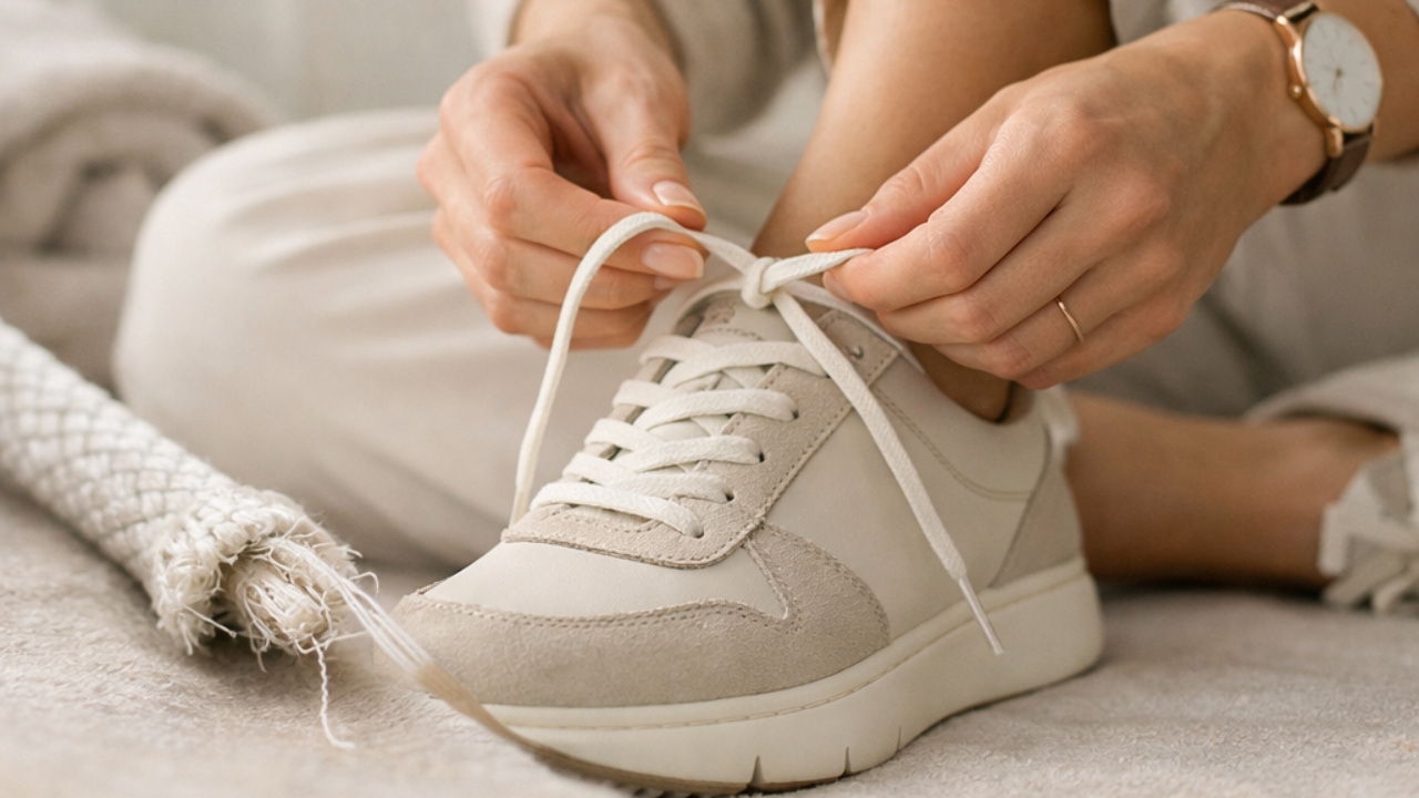 Close up of elegant woman tying the shoelaces of her trainers - one shoelace is frayed, on a soft neutral background