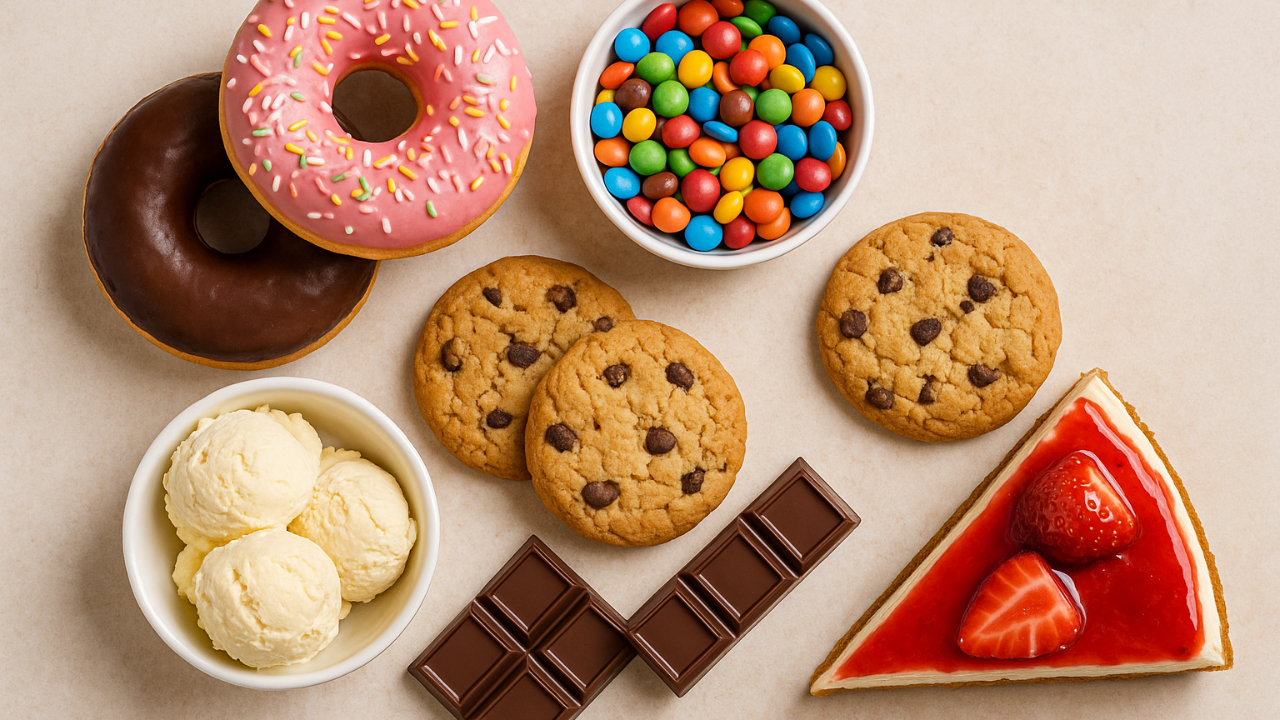 Assortment of treat foods including doughnuts with icing, chocolate chip cookies, a slice of strawberry cheesecake, chocolate squares, colorful candy, and vanilla ice cream.