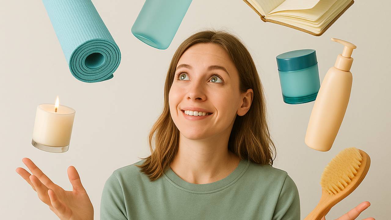 A smiling young woman surrounded by floating self-care items including a yoga mat, water bottle, candle, journal, and skincare products, symbolizing juggling self-care with an all-or-nothing mindset.
