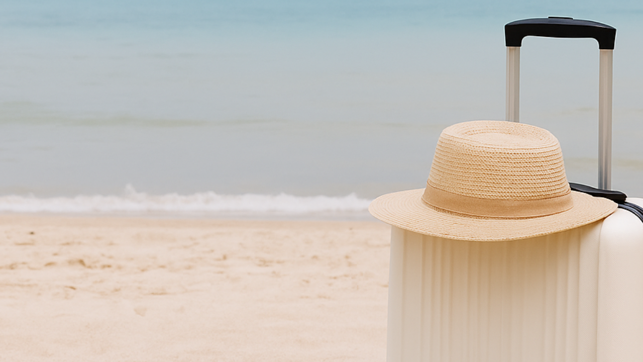 A calm holiday scene showing a person enjoying coffee near the beach, symbolising relaxed eating and food freedom while travelling.