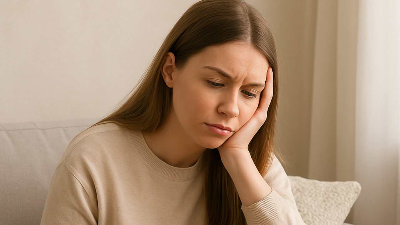 A young woman sitting on a sofa, looking bored while holding a bowl of potato chips in her lap, symbolizing boredom eating.