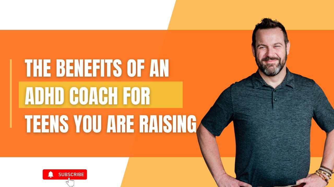 The benefits of an ADHD coach for teens you are raising – blog image with title and smiling coach