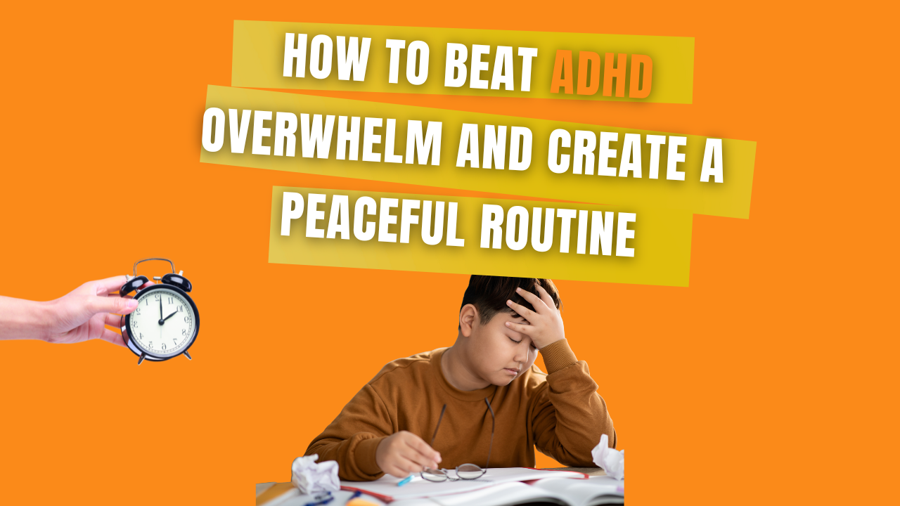 Stressed child experiencing ADHD overwhelm while trying to focus on homework, symbolizing the need for a peaceful routine