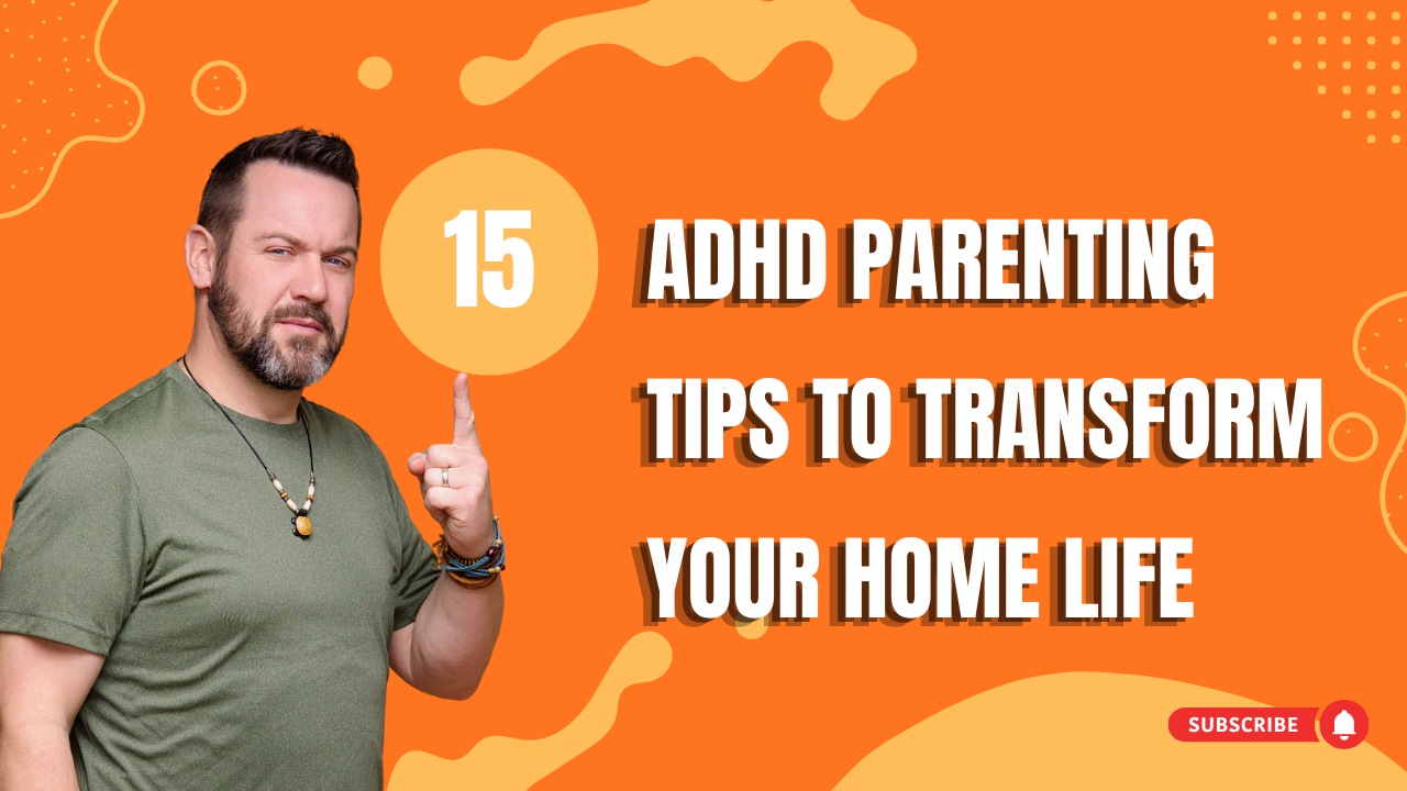 15 ADHD parenting tips to transform your home life – man pointing upward with a confident expression on an orange background
