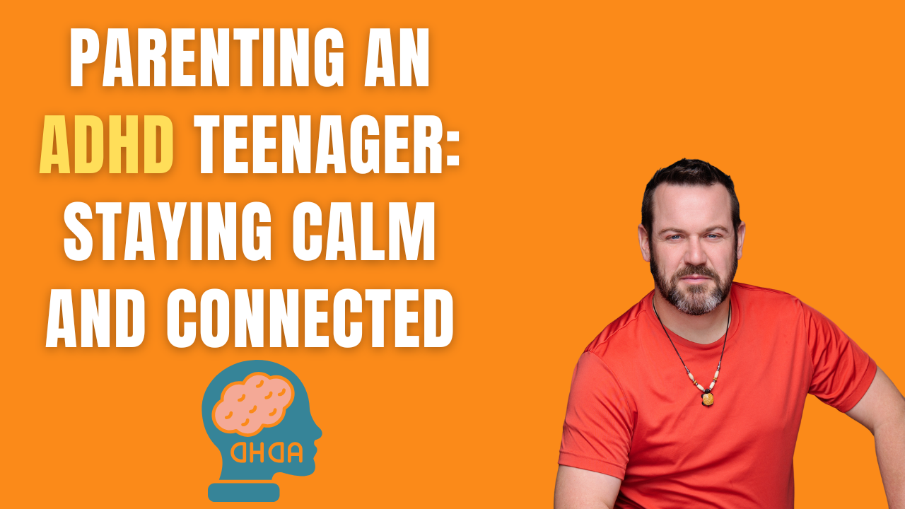 Parenting an ADHD teenager: calm father with confident posture on orange background, ADHD brain icon in corner