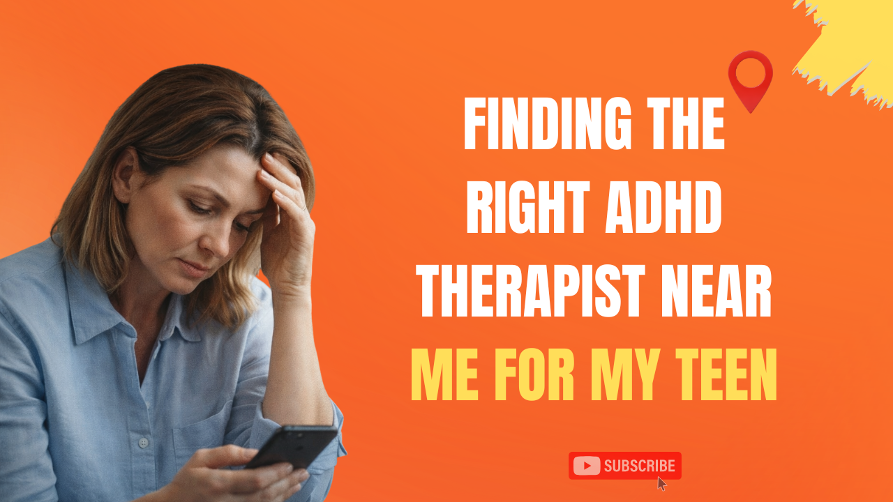 Stressed mother searching for the right ADHD therapist near me for her teen on a smartphone
