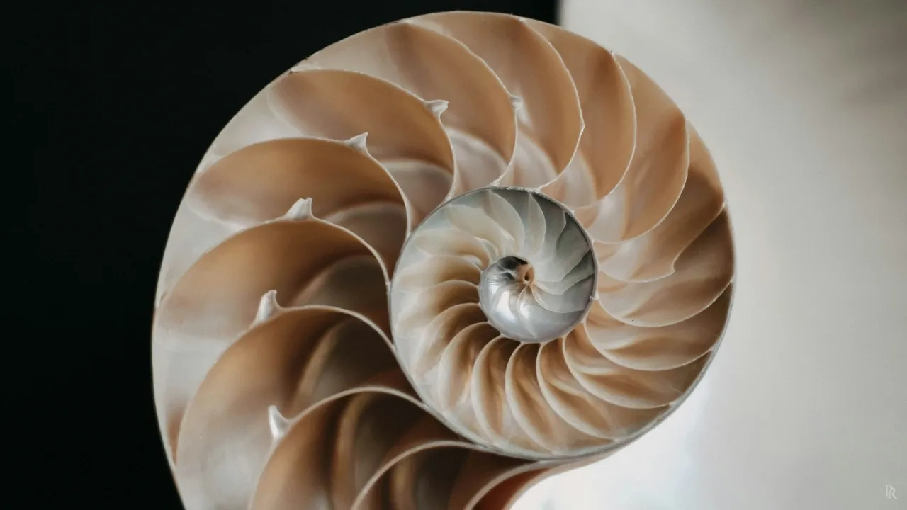 Nautilus shell cross-section revealing a natural spiral — emergent pattern, like a business score that reflects reality