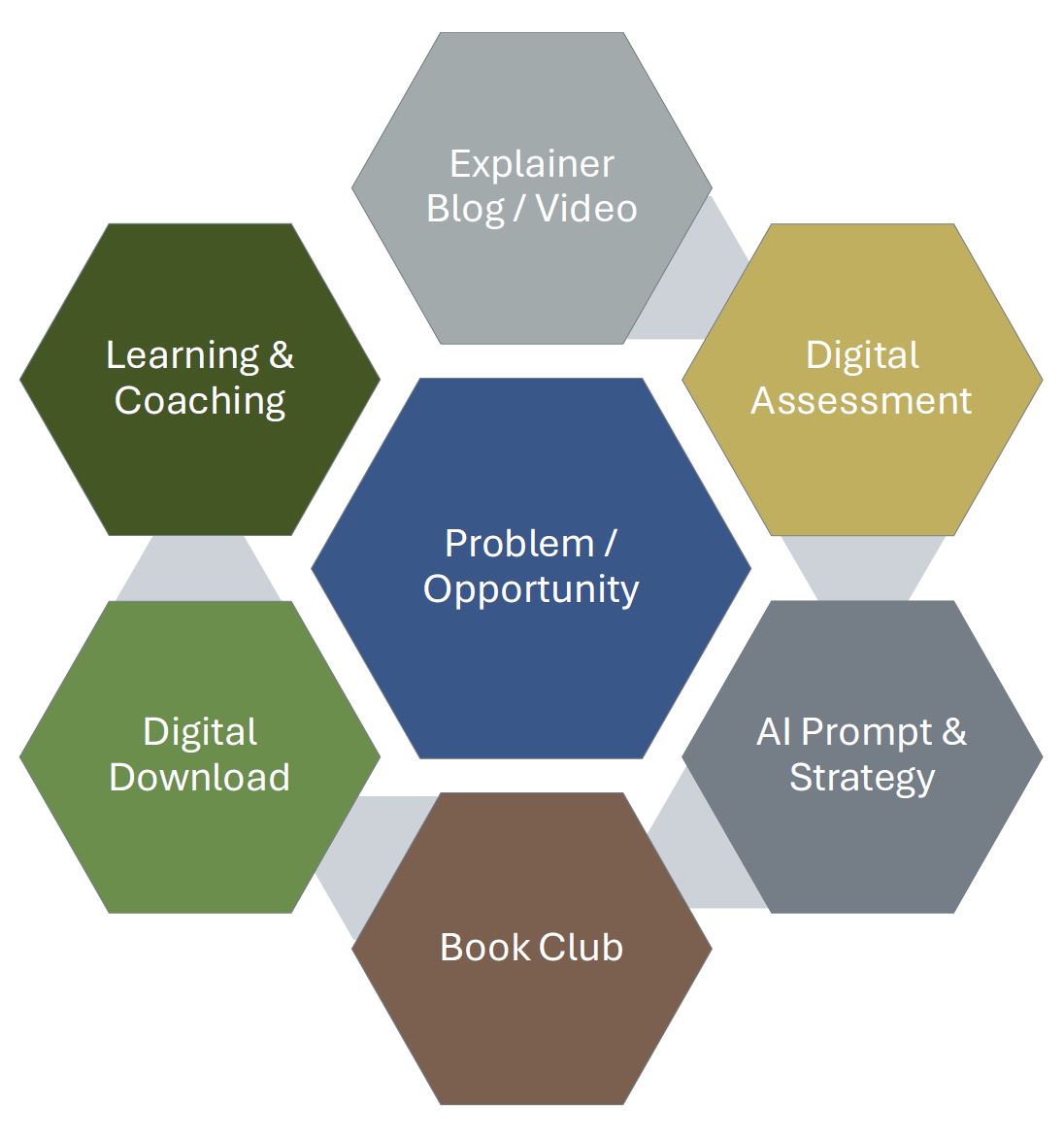 A diagram of the Renew Prosper process, showing how a Problem/Opportunity is at the center of the Book Club, AI Prompts, Digital Assessments, and Coaching.