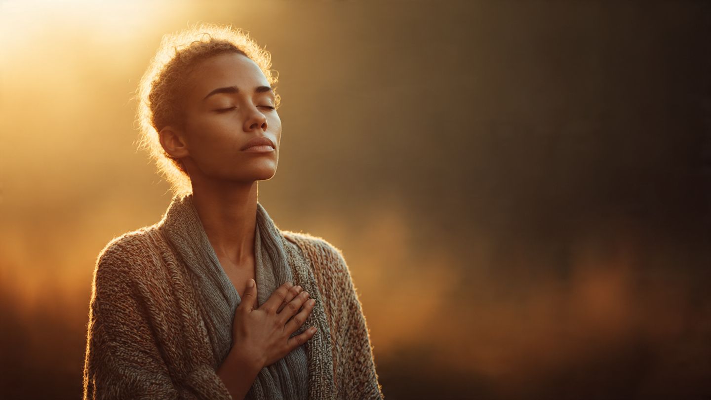 Person standing in morning light with hand over heart, symbolizing replacing lies with God’s truth.