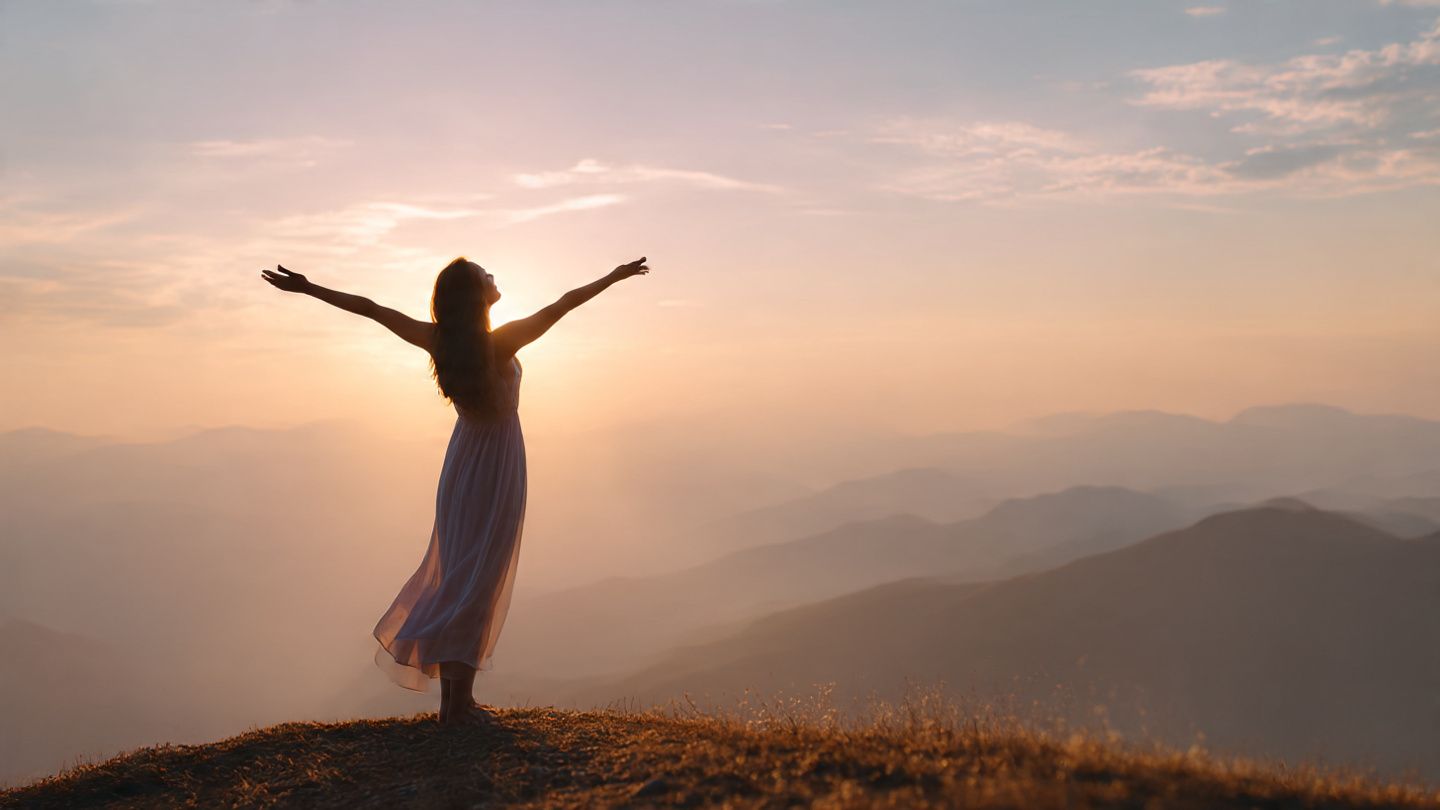 A woman standing on a mountain at sunrise, symbolizing spiritual freedom and forgiveness.